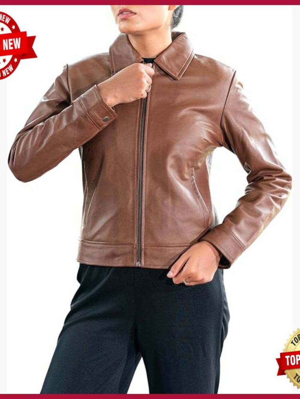 Premium Lambskin Leather Jacket with Polo Collar, Quilted Lining